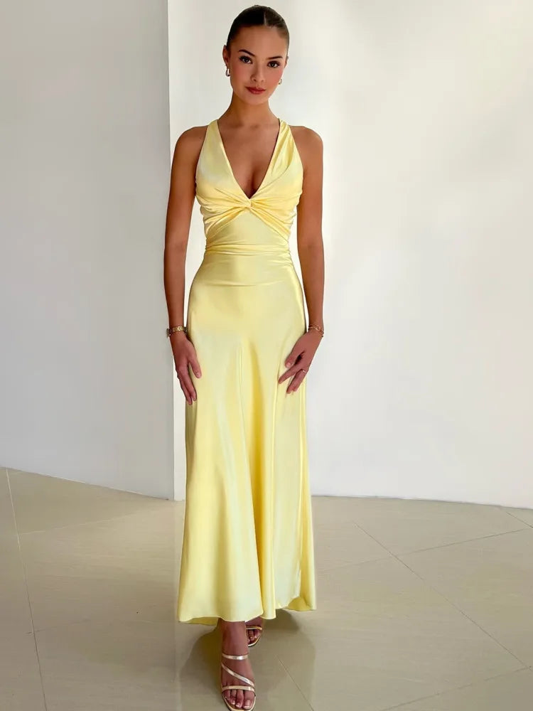 Satin Ruched Backless Maxi Dress in Purple