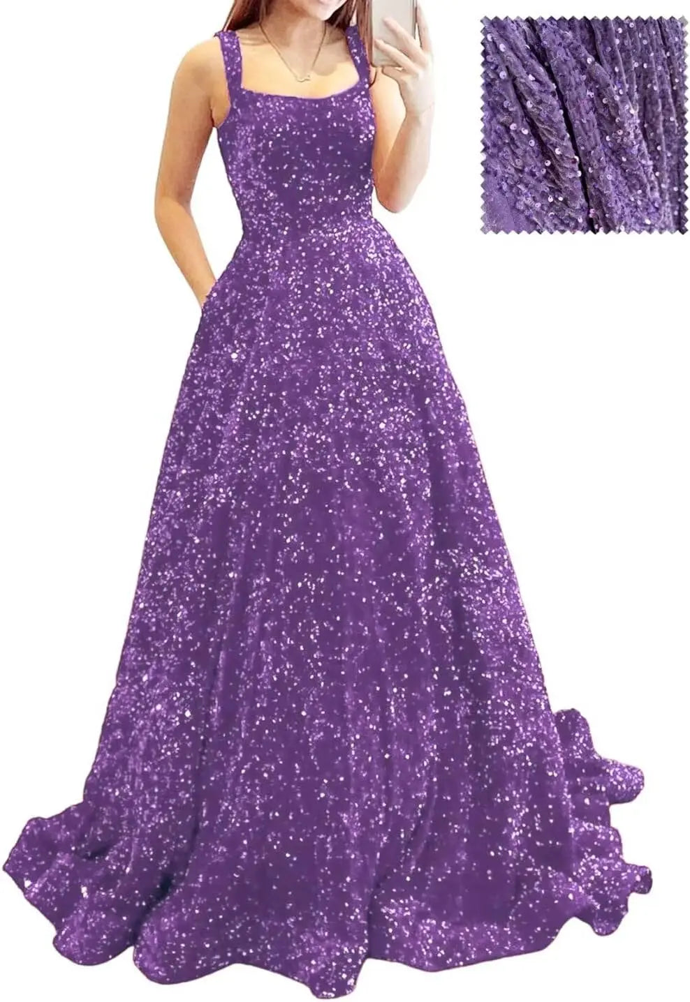 Elegant A-Line Velvet Prom Dress with Pockets and Sequins