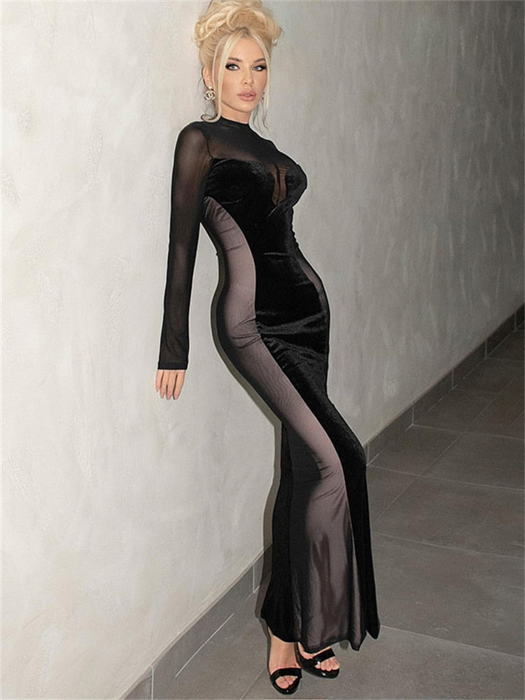 Velvet High Neck Long Sleeve Mesh Panel Mermaid Gown