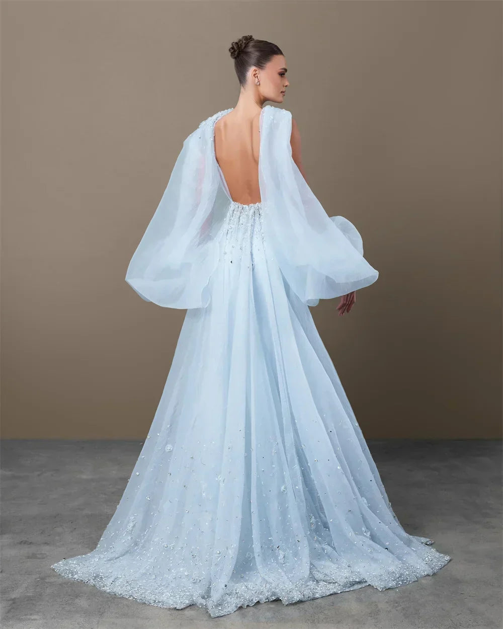 Satin Square Neck Beaded Cape Mermaid Evening Gown - View 2