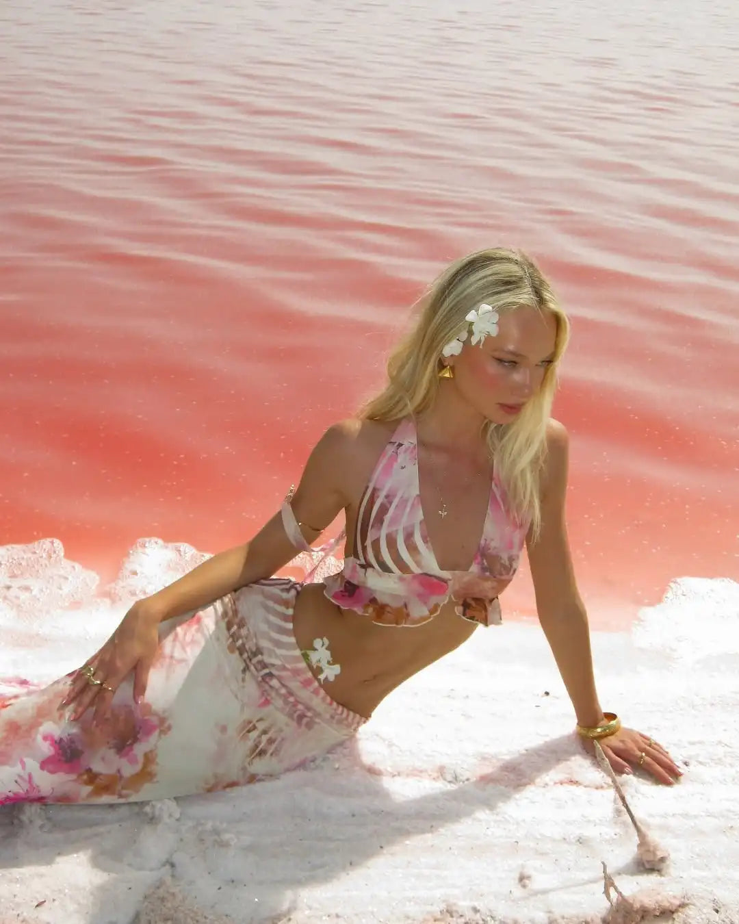 Halter Neck Flower Print Three Piece Swimsuit