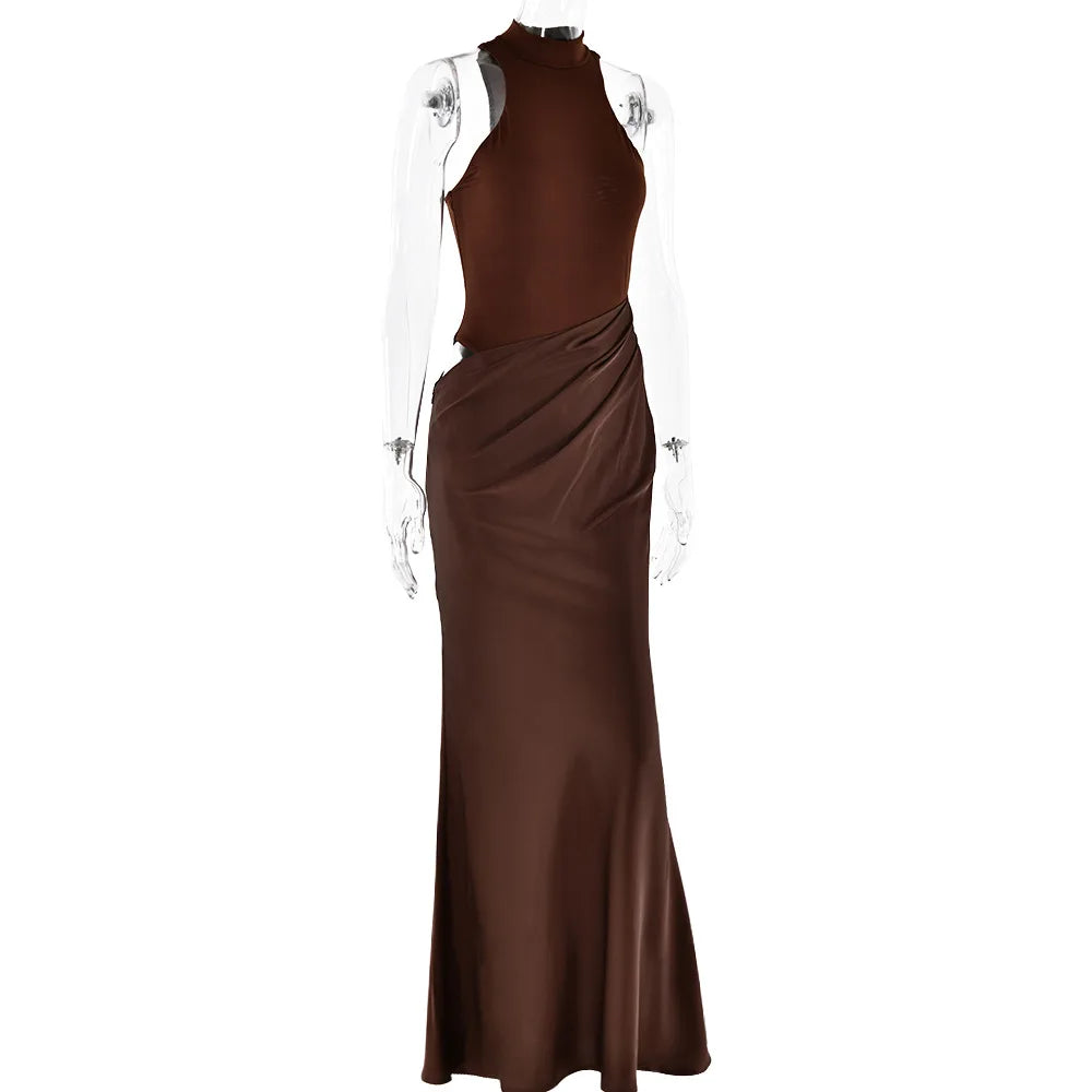 Halter Neck Sleeveless Ribbed Bodice Draped Waist Satin Maxi Gown - View 21