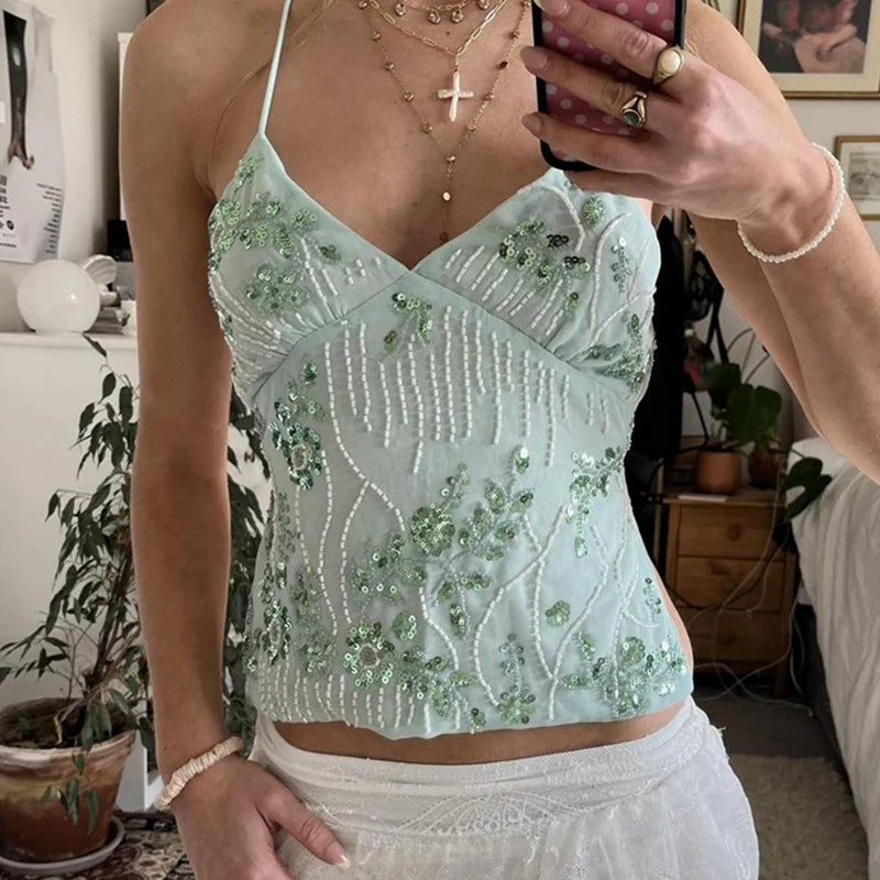 Sequin Beaded Backless Boho Halter Cami Top - Fashionpara