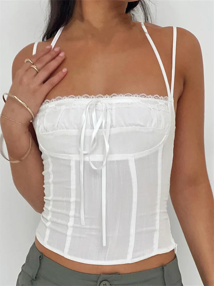 Slim Lace Trim Halter Tie-up Backless Crop Top