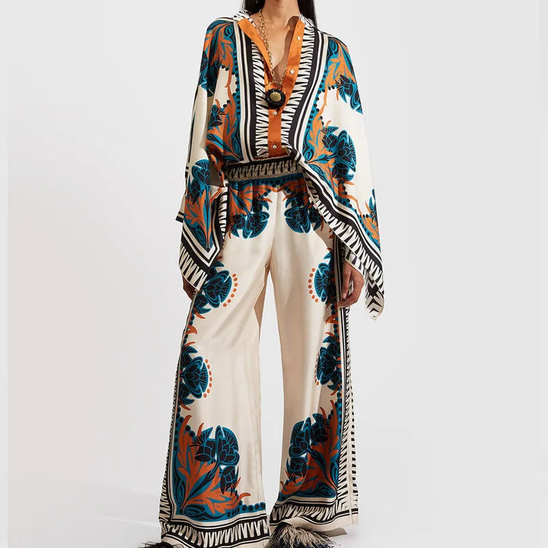 Elegant Women's Long Sleeve Button Shirt and Wide Leg Pants Set