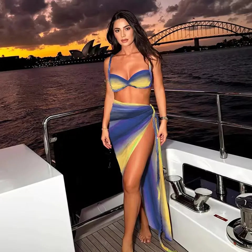 Gradient Bikini Set with Long Skirt Three Piece Swimsuit