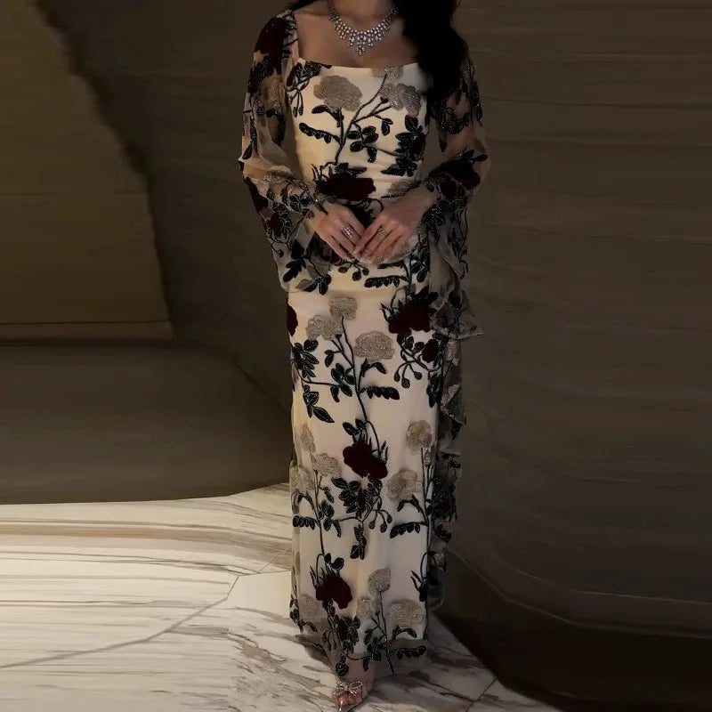 Elegant Black Rose Floral Long Sleeve Evening Dress for Women - Fashionpara