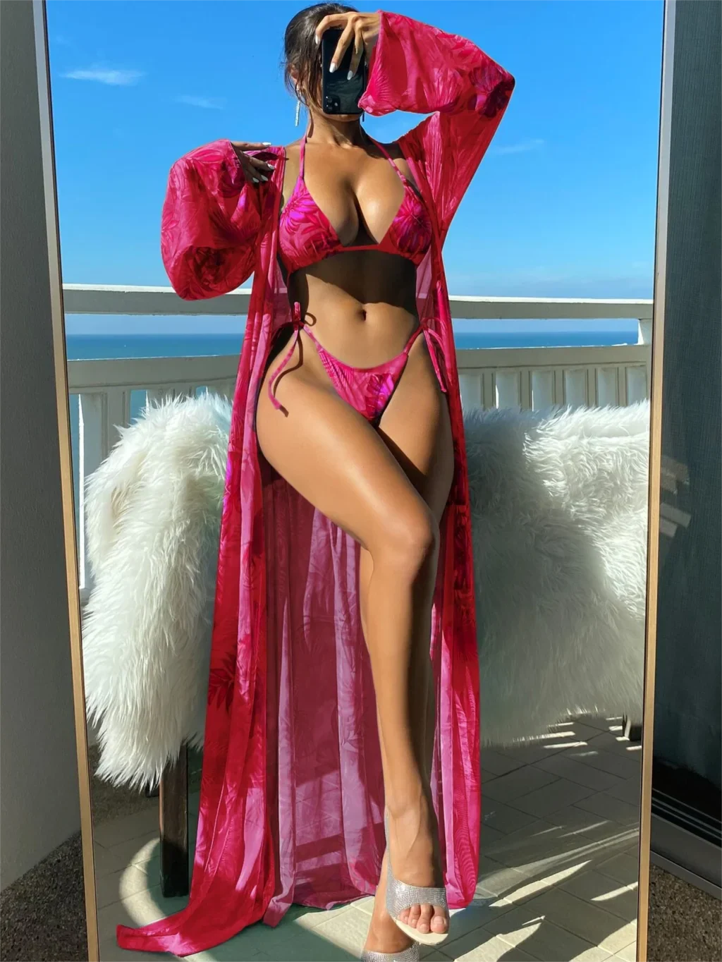 Triangle String Bikini Set with Kimono Three Piece Swimsuit