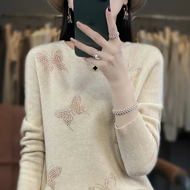 Crew Neck Butterfly Embellished Knit Sweater 2