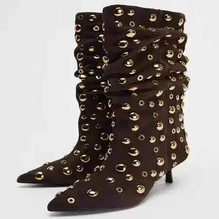 Attractive Rivet Pleated Tall Heel Pointed Gothic Boot