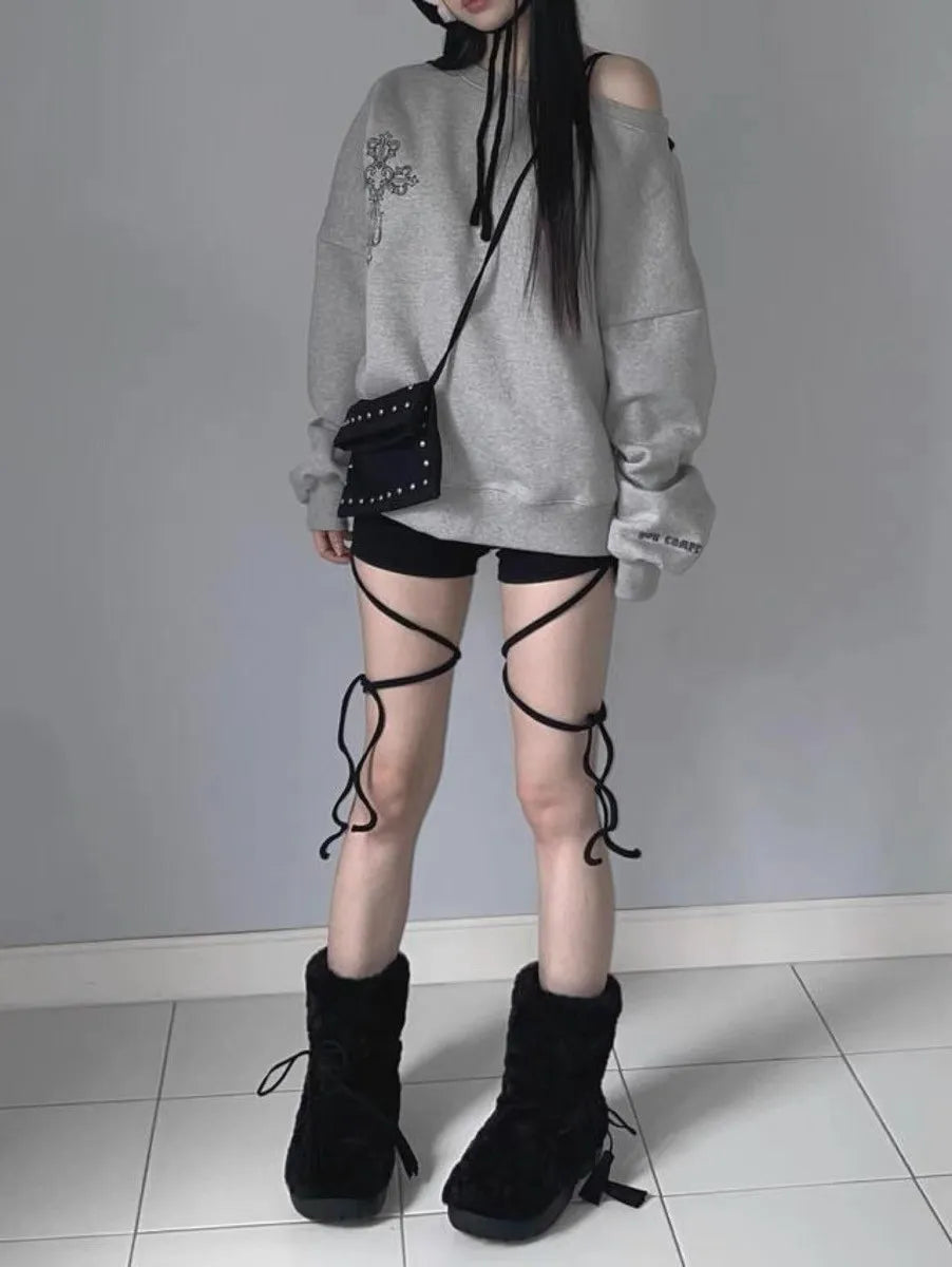 Dark Off Shoulder Pullover Hoodie - Fashionpara