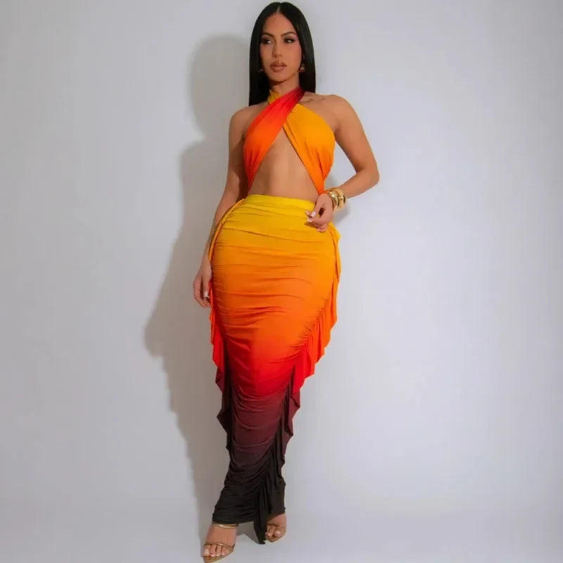 Gradient Halter Crop Top Ruffles Three Piece Swim Sets