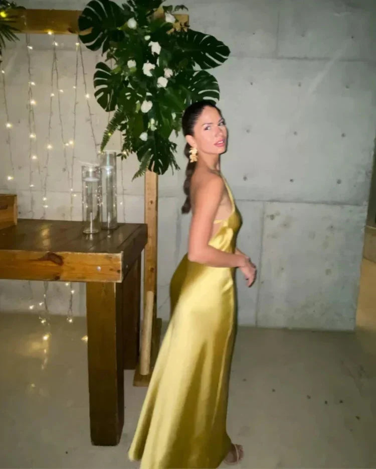 Backless Satin Slant Shoulder Solid Slit Long Dress - View 3