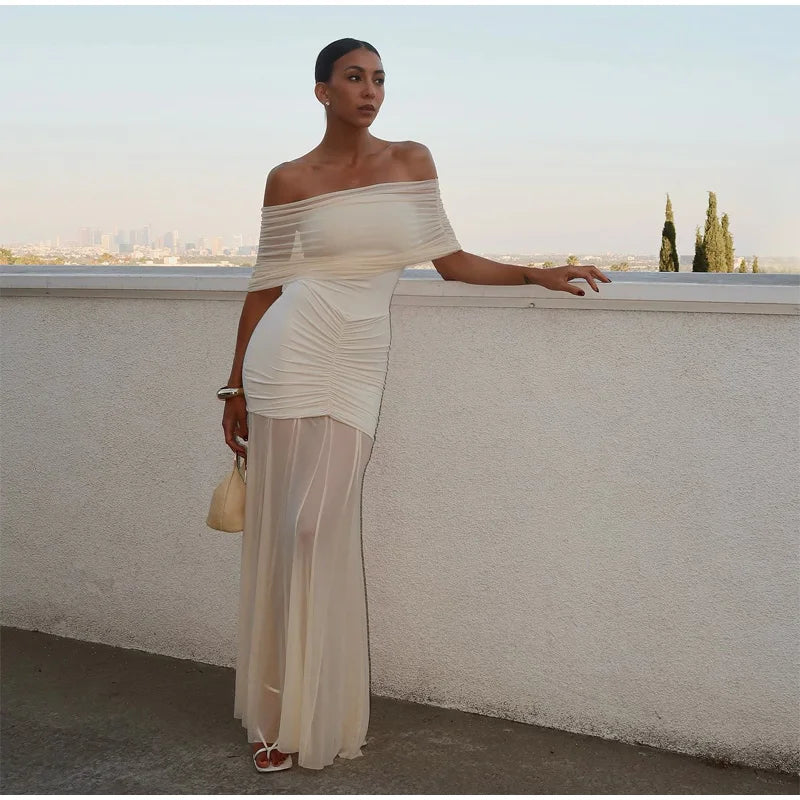 Patchwork Mesh Off Shoulder Midi Dress - View 8