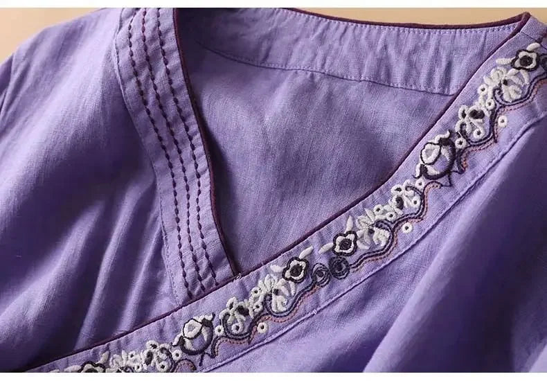 Embroidered Trim V-Neck Long Sleeve Wrap Blouse 21