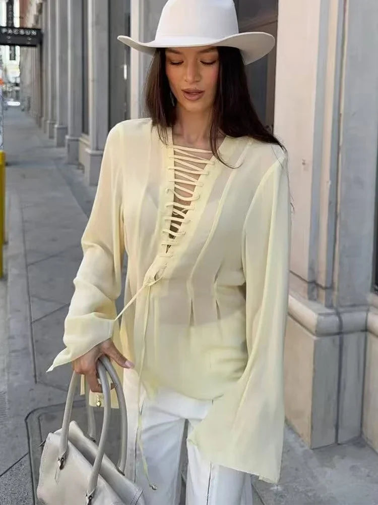 Tied Bow Flare Sleeve Blouse