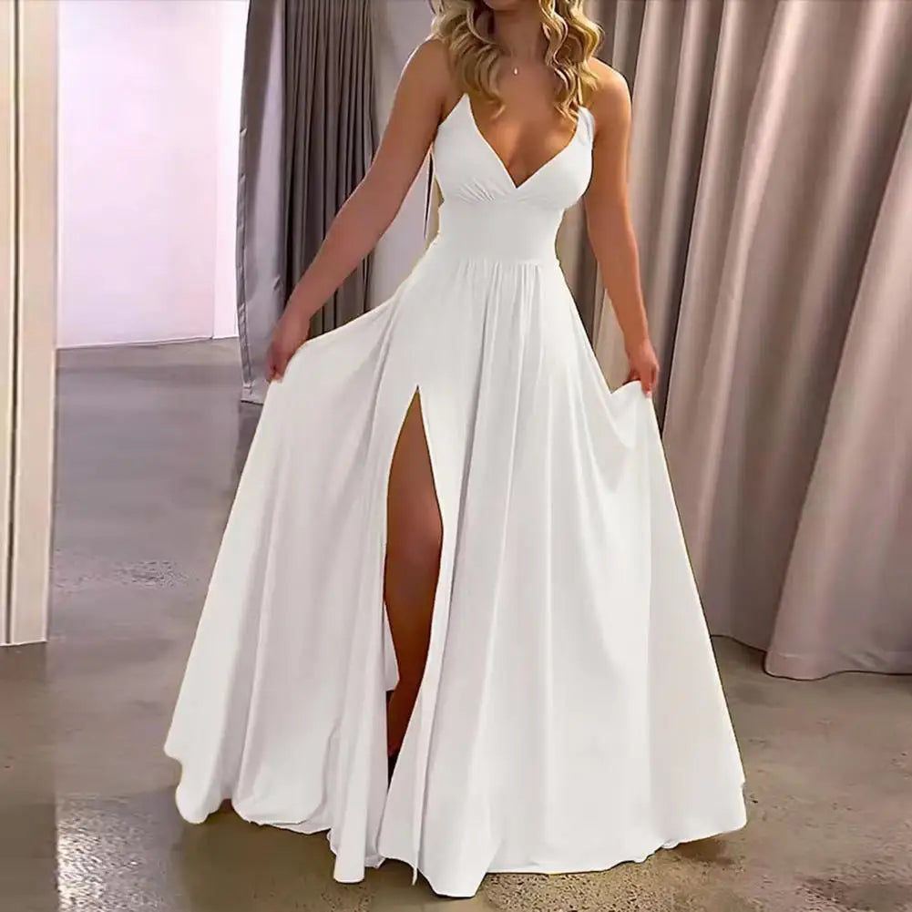 Spaghetti Strap Deep V-Neck High Split A-Line Maxi Dress - View 3
