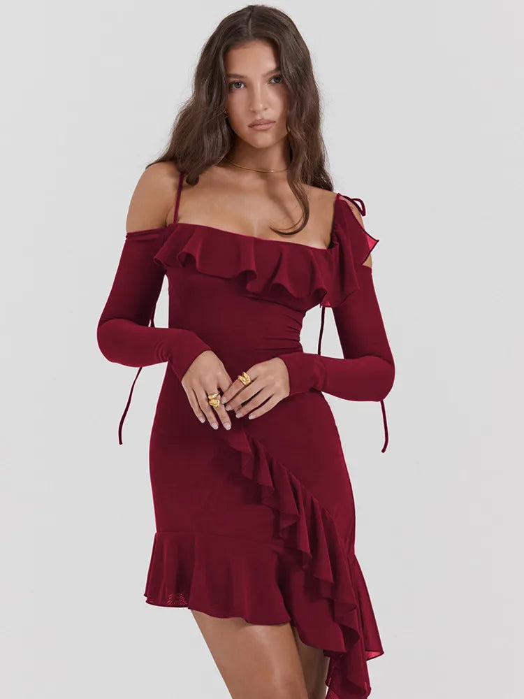 Ruffle Cold-Shoulder Long-Sleeve Asymmetric Mini Dress 7