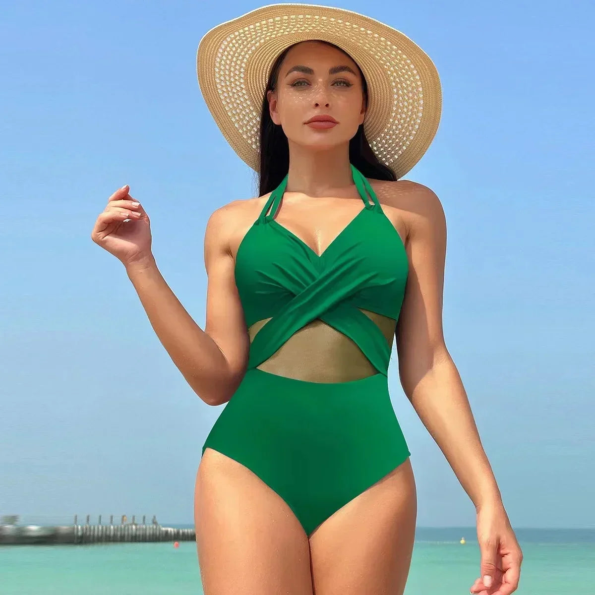 Solid Mesh V-neck One Piece Set