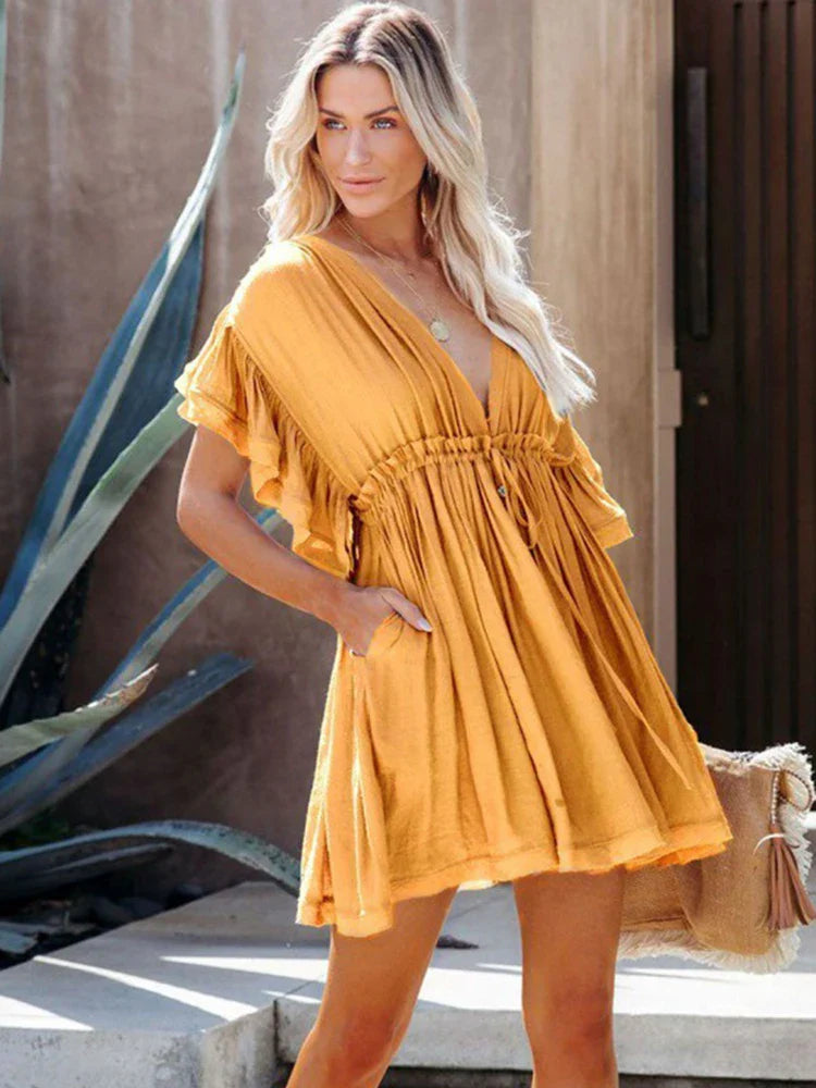 Deep V-Neck Ruffle Lace Up Beach Cover Up
