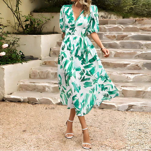 Floral Print V-Neck Puff Sleeve Ruched Waist A-Line Midi Dress - View 6