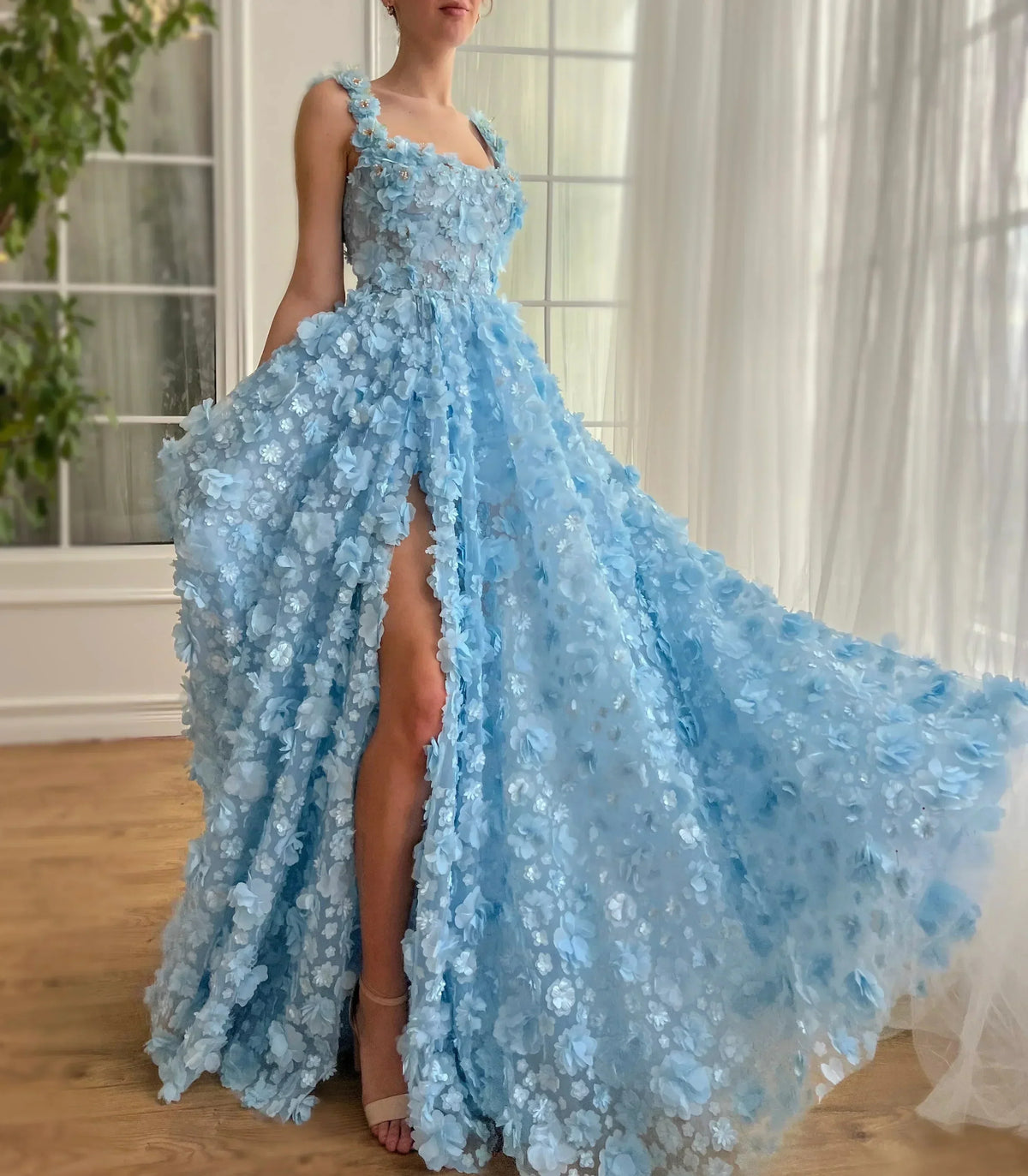 3D Floral Applique Square Neck High Split Tulle A-Line Gown - View 8