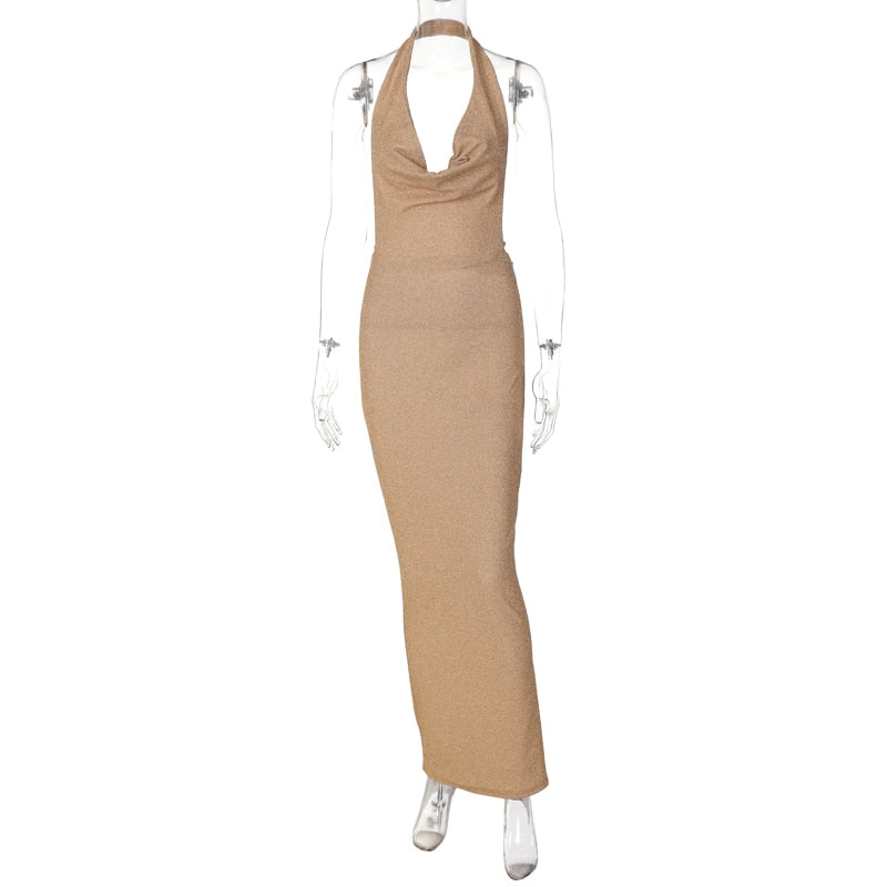 Glitter Knit Cowl Neck Halter Backless Mermaid Gown 4