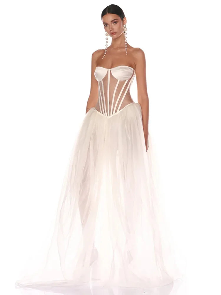 Strapless Mesh White A Line Maxi Long Dress - View 2