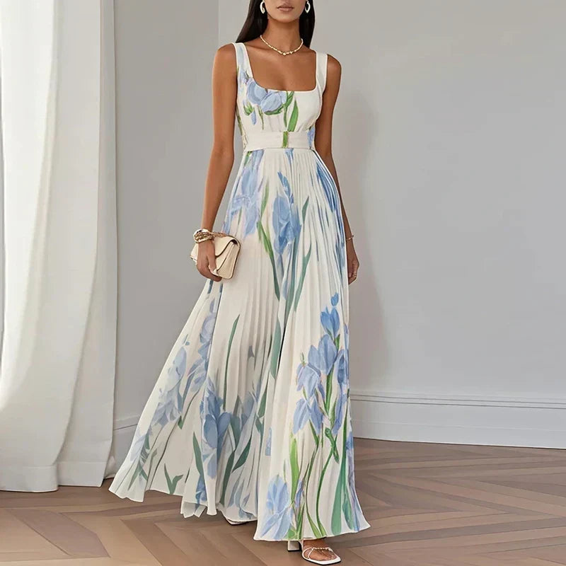 Floral Square Neck Sleeveless Pleated A-Line Maxi Dress