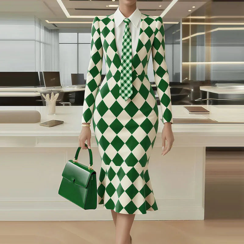 Elegant Lattice Print Fishtail Dress for Autumn Events