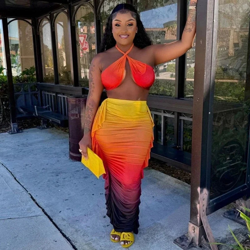 Gradient Halter Crop Top Ruffles Three Piece Swim Sets - Fashionpara