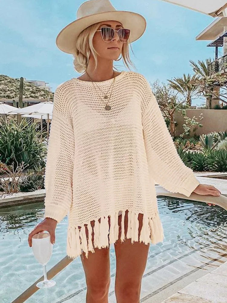 Solid Lace Up Tassel Beach Cover Up
