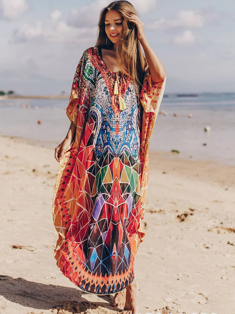 Geometric Printed Lace Up V-Neck Cover Up