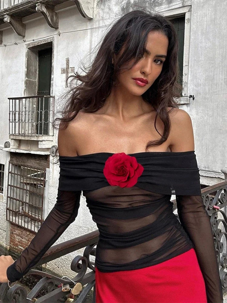 Aesthetic Flower Long Sleeve Sheer Top