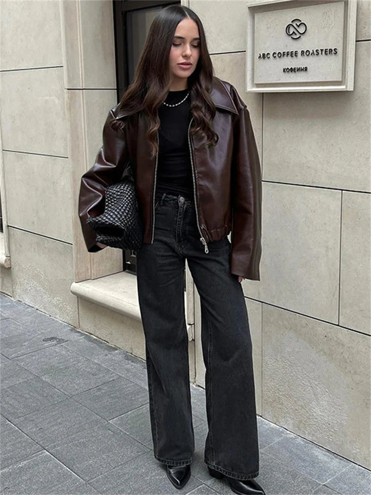 PU Patchwork Slim Zipper Coat