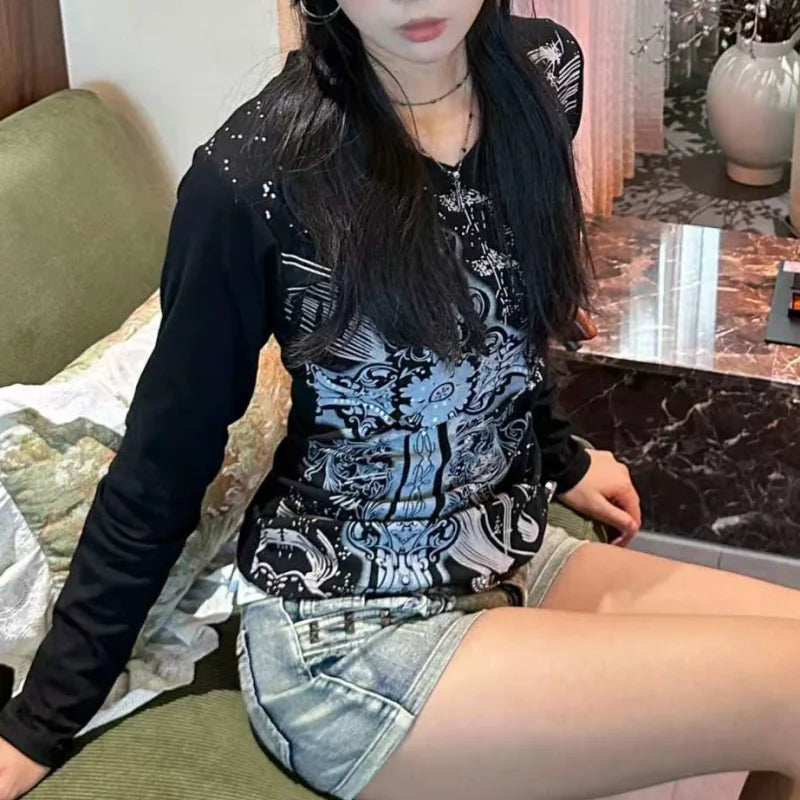 Antique Mysterious Black Plunge-neck Blouse