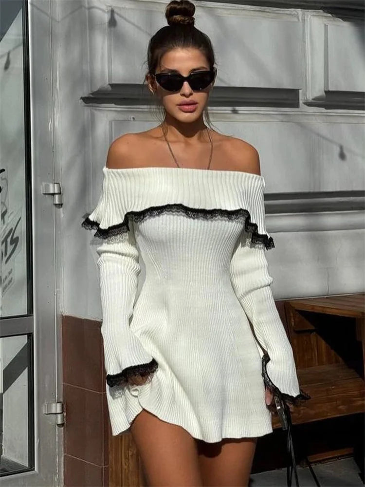 Off Shoulder Ribbed Knit Lace Backless Sweater Mini Dress - View 2