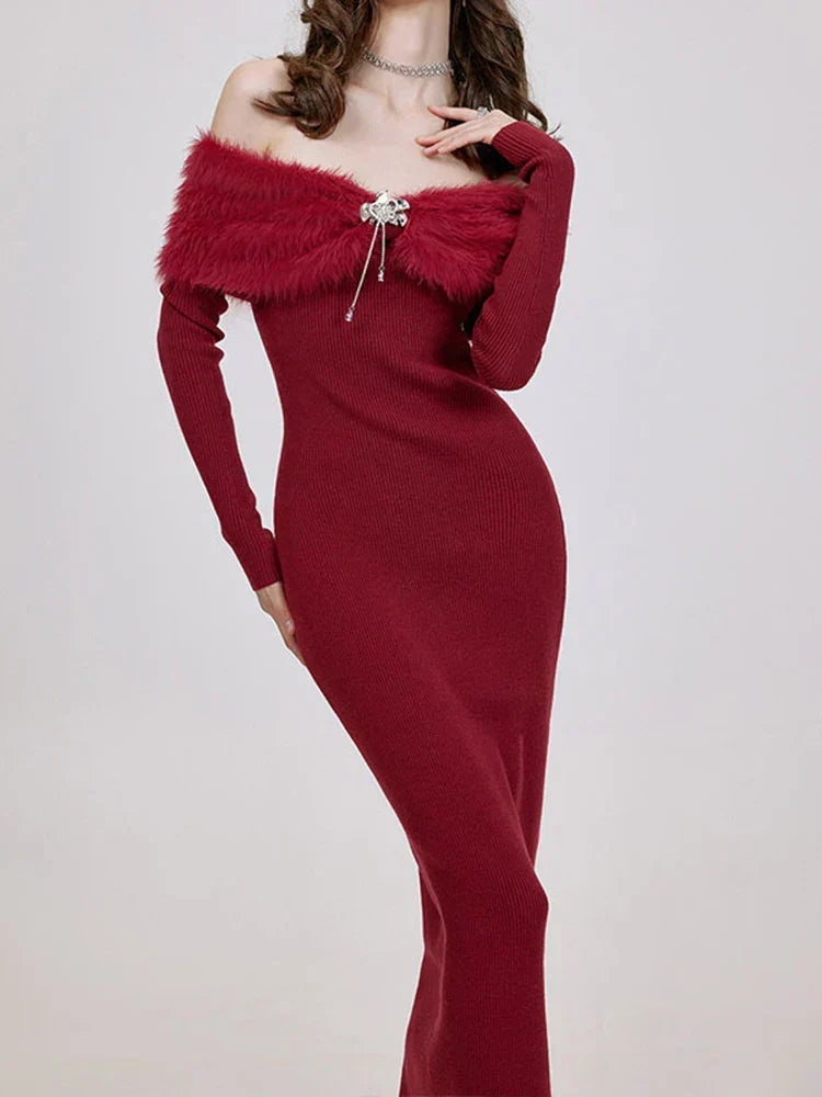 Off Shoulder Faux Fur Collar Ribbed Knit Bodycon Midi Dress
