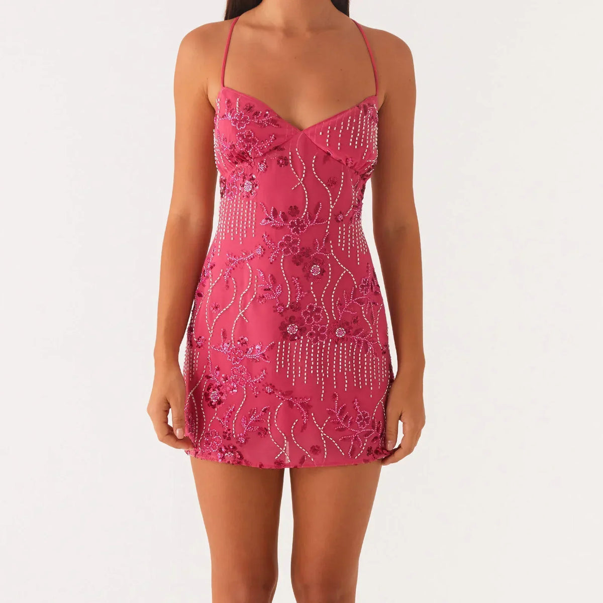Floral Beaded Sweetheart Backless Bodycon Mini Dress - View 5