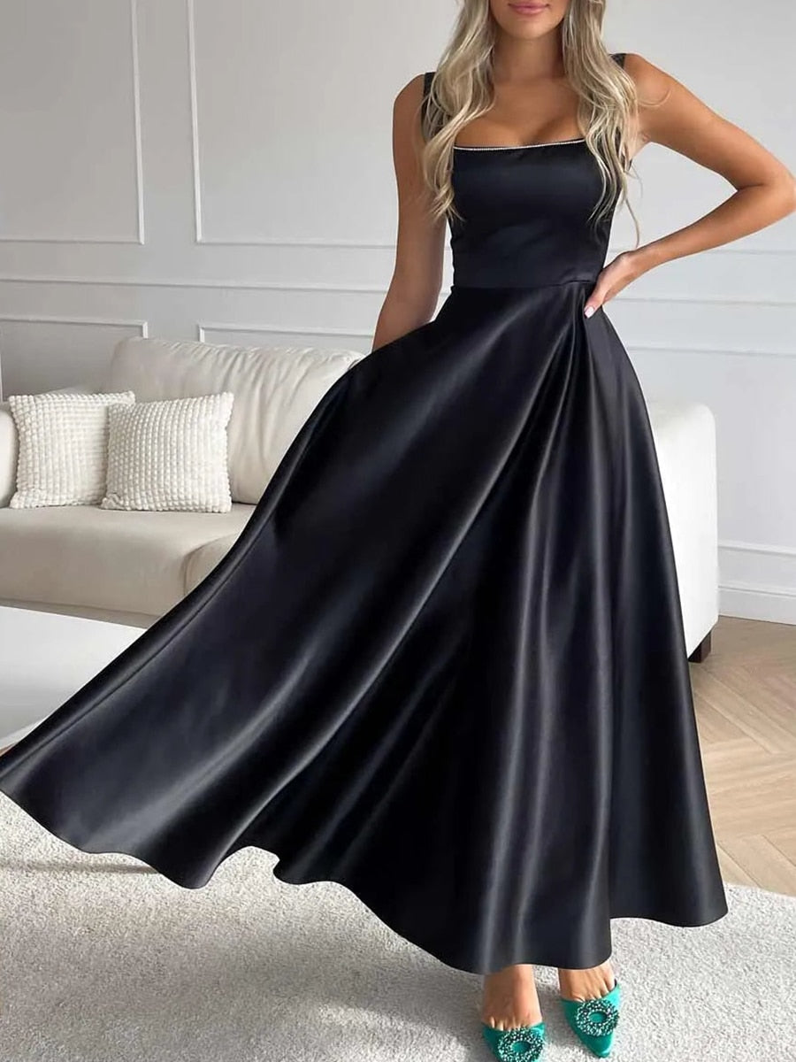 Strapless Satin Beaded Neckline Pleated A-Line Ball Gown