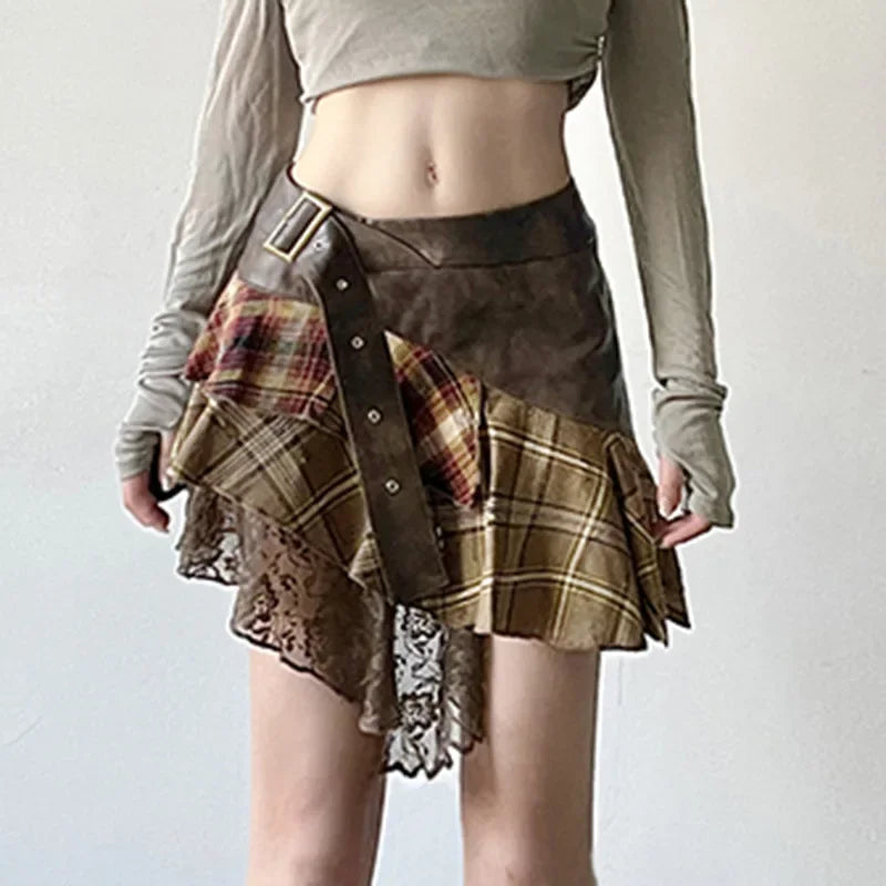 Asymmetrical Lace Stripes Plaid Skirt