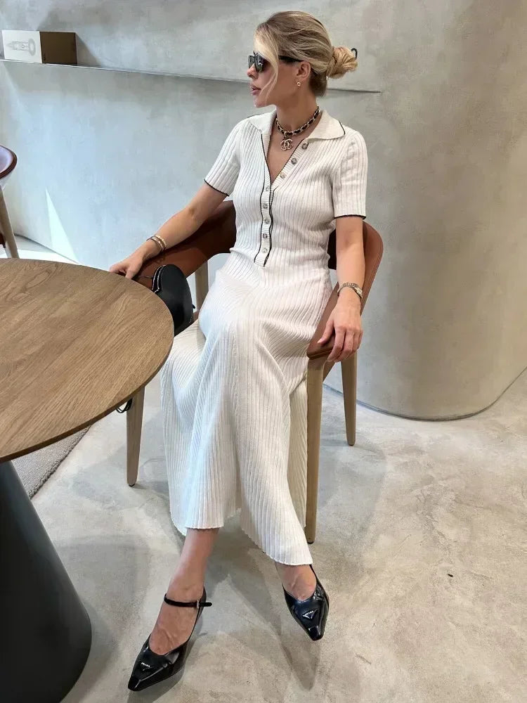 Ribbed Knit Polo-Collar Short-Sleeve Button-Front Maxi Dress 6