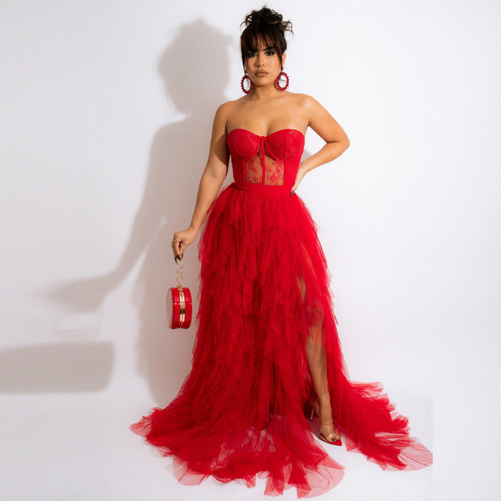 Lace Corset Strapless Tiered Tulle Maxi Gown 7