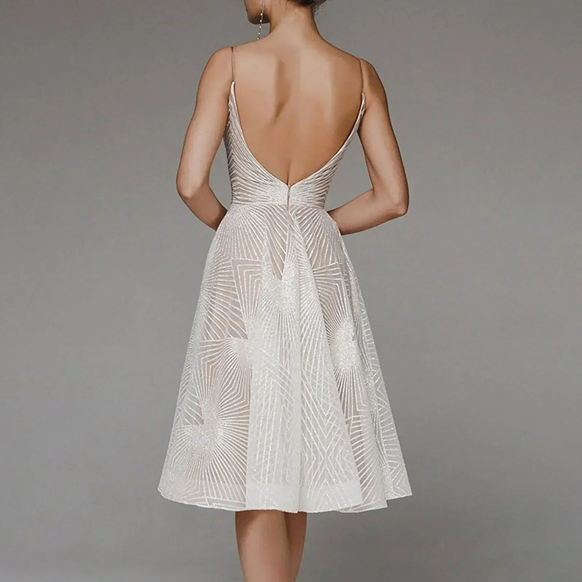 Mesh Overlay Spaghetti Strap Deep V-Neck Geometric Midi Dress - View 3