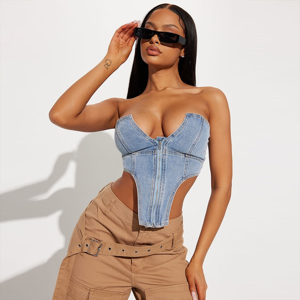 Summer New Irregular Strapless Zipper Denim Crop Top Corset Women Blue Jeans Tube Tops Party Clubwear Streetwear Clothes - Fashionpara