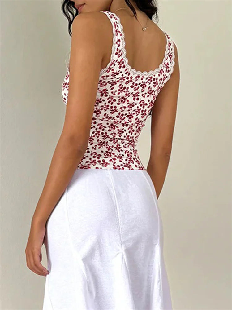 Vintage Floral Lace Trim Sleeveless Crop Top