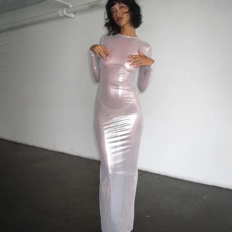 Mesh Long Sleeve Crew Neck Bodycon Maxi Dress - View 8