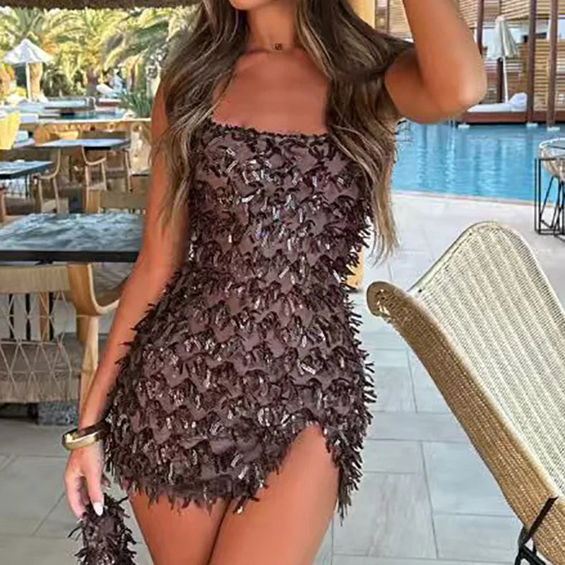 Elegant Off Shoulder Mini Dress with Sparkling Tassels