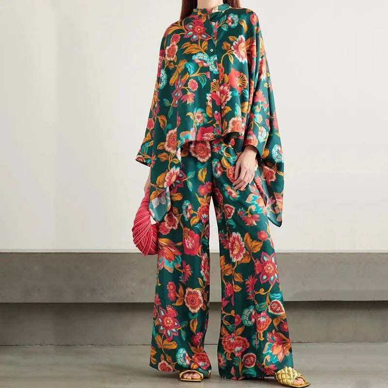 Elegant Women's Long Sleeve Button Shirt and Wide Leg Pants Set