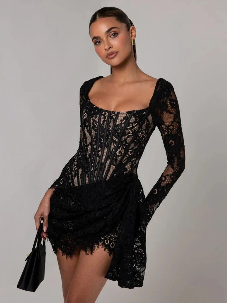 Corset Draped Square Collar Ruched Lace Dress